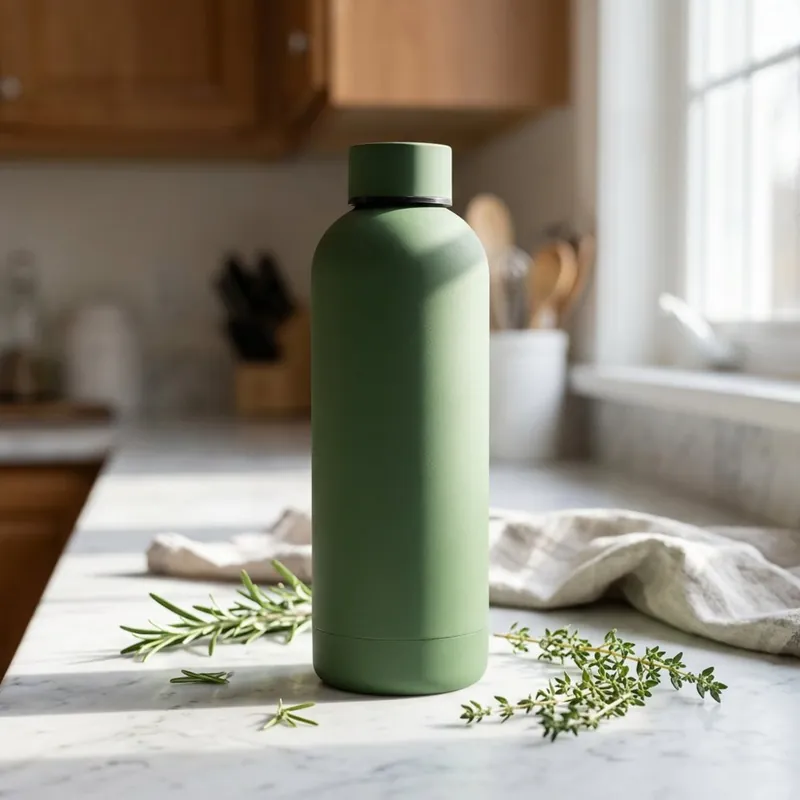 The same green bottle on a kitchen counter with fresh herbs